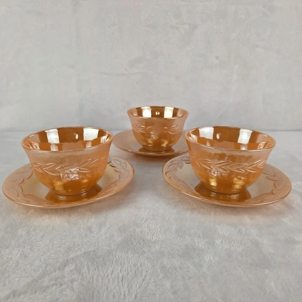 Vintage Set Of 3 Fire King Peach Luster Coffee Tea Cups And Saucers USA